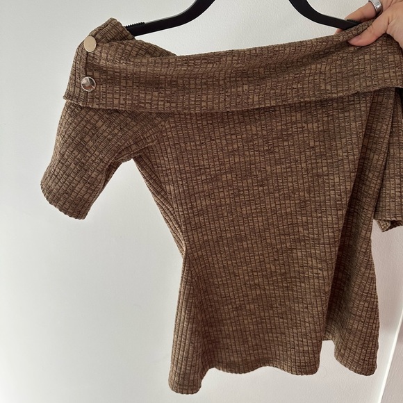 Tan Off-the-Shoulder Bardot Sweater with Ribbed Texture Beige - Picture 5 of 7